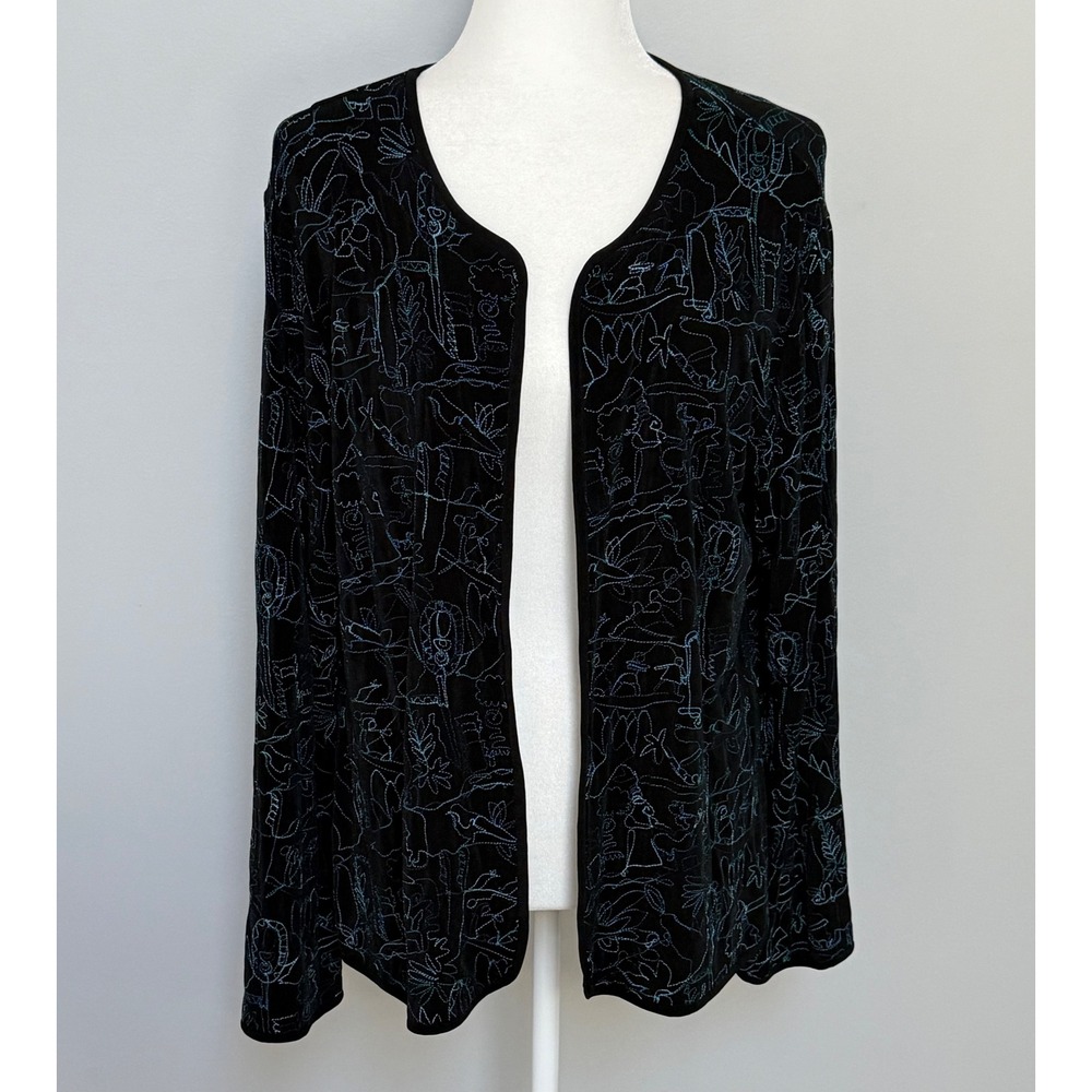 Chicos Travelers Jacket Embroidered Art to Wear Cardigan Black Blue Size Large 2